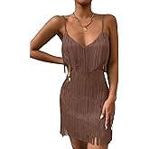 WDIRARA Women's Spaghetti Strap Fringe Trim V Neck Sleeveless Solid Bodycon Cami Mini Dress