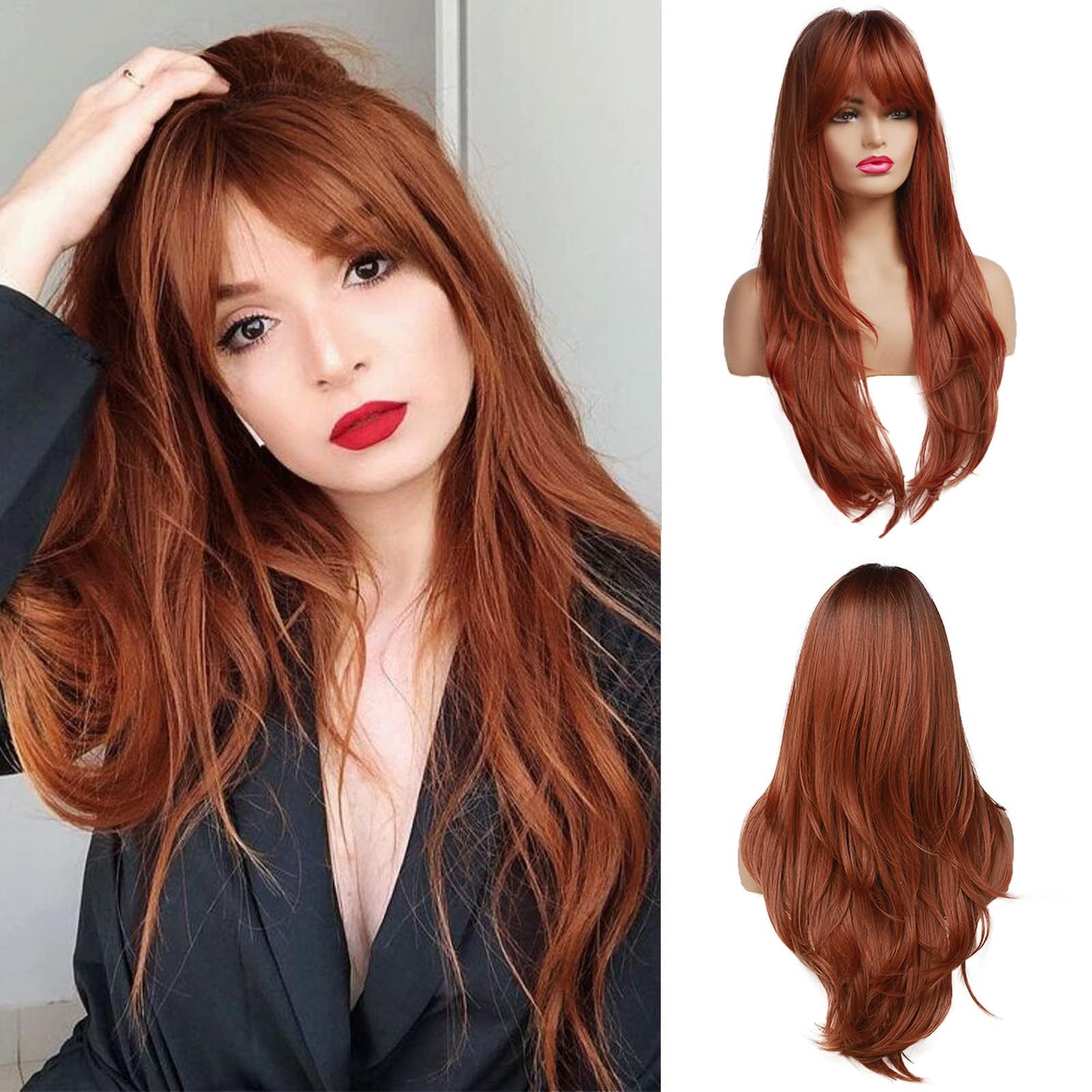 OUFEI Long Straight Auburn Layered Natural Synthetic Hair Wigs for Women with Dark Roots for Daily Party Use-24 Inches — image 1