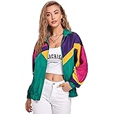 Verdusa Women's Colorblock Zip Up Long Sleeve Collar Windbreaker Jacket Coat