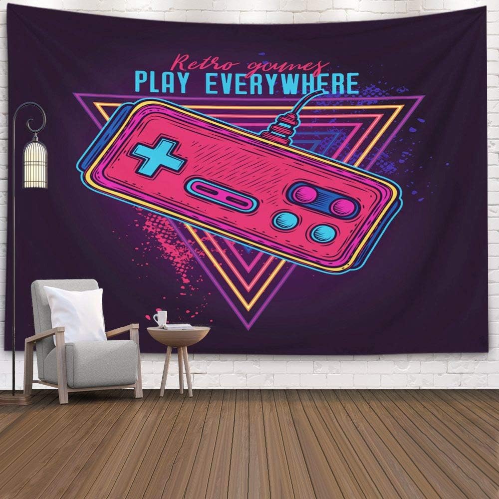 Crannel Game Room Wall Tapestry, Retro Neon Style 8bit Consoles Tapestry 60x50 Inches Wall Art Tapestries Hanging for Dorm Room Living Home Decorative,Black Red