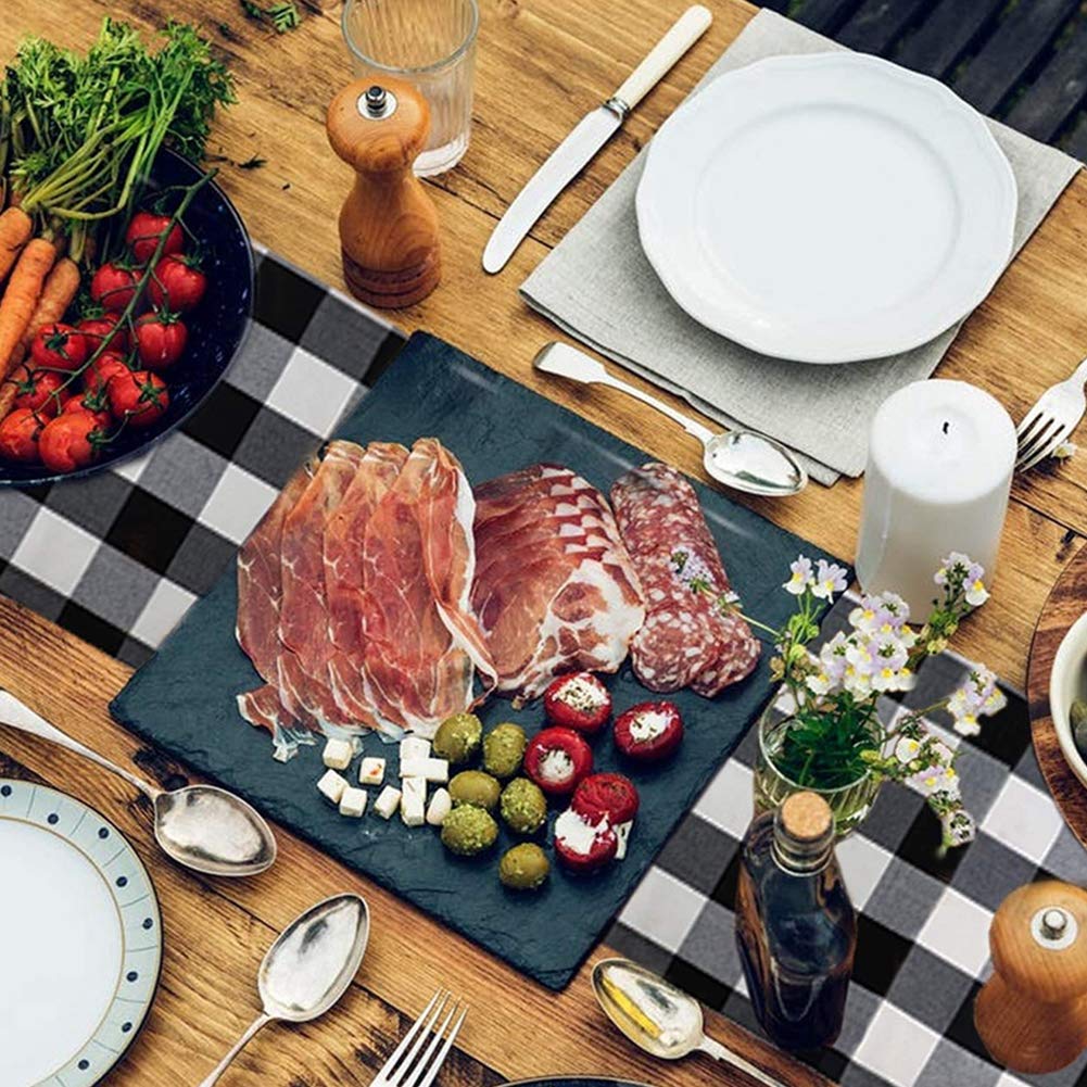 HAKACC Black and White Buffalo Plaid Table Runner Cotton Burlap Table Runner for Christmas Holiday Birthday Party Table Home Decoration