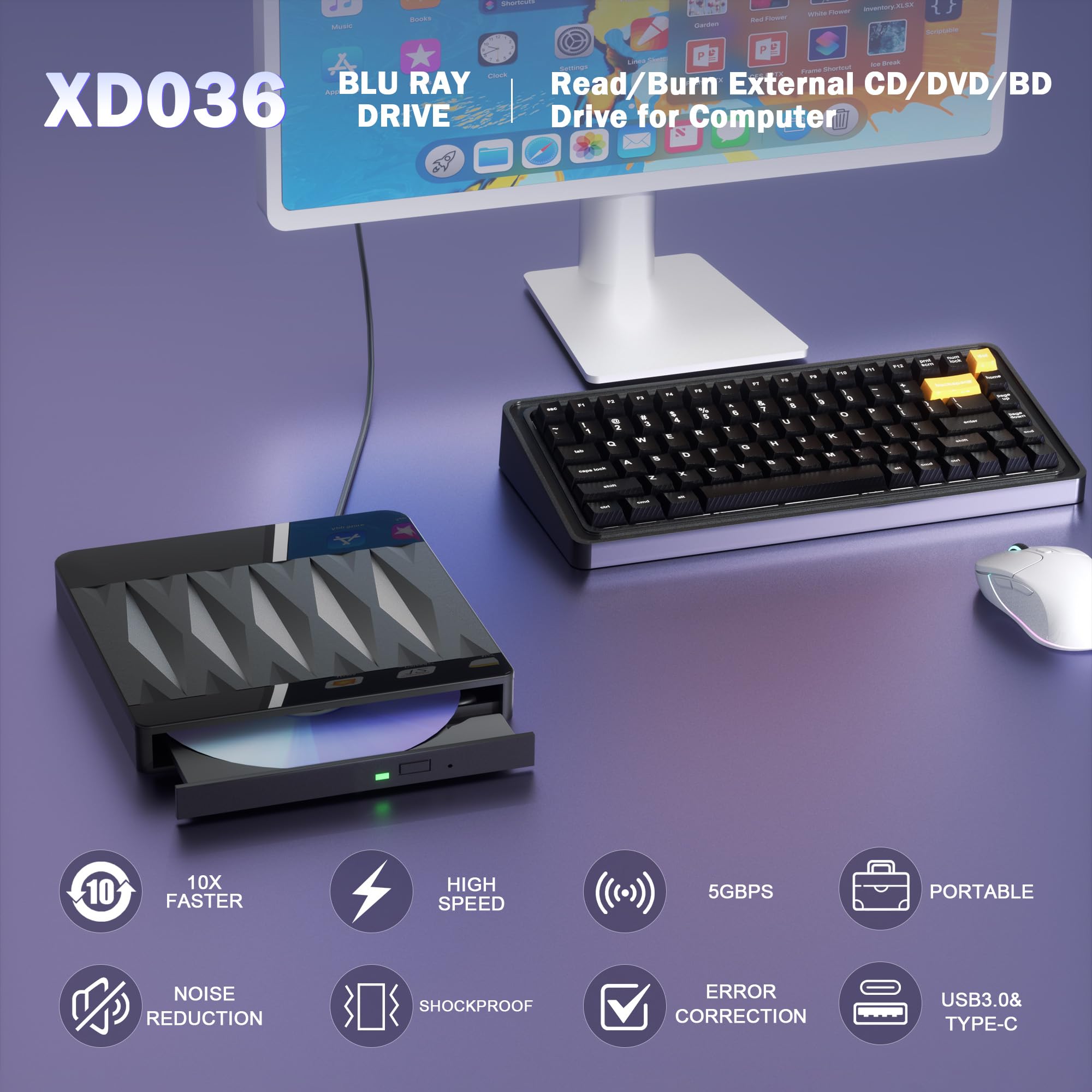 Taopjwr External Blu Ray Drive Support 50G Disc Read/Write, 3D Portable USB 3.0&Type-C External Blueray/DVD Drive for PC, CD/DVD/Blu Ray Burner Suitable for Windows MacOS Linux Laptop Desktop