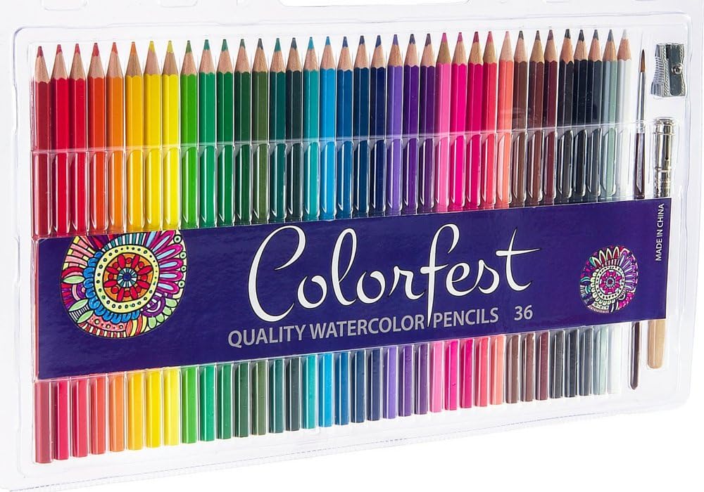 Watercolor Pencils Set with 36 Soft Core Artist Grade Pencils, Sharpener, Blending Brush and Pencil Extender