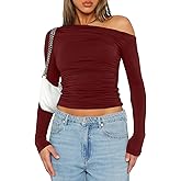 Darong Women's Casual Long Sleeve Boat Neck Off Shoulder Slim Fit Crop Top Going Out Blouses Y2K Tight Shirts