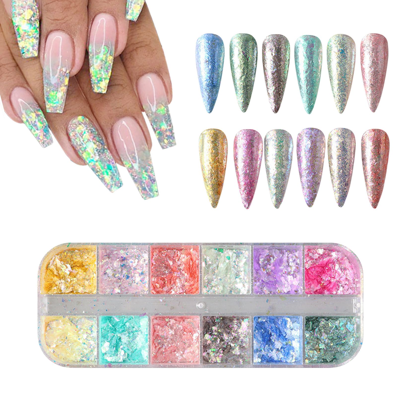 Holographic Nail Glitter,1Boxes 12Grids Opal Nail Flakes Aurora Iridescent Irregular Paillettes,Mermaid Bright Colorful Ice Foil Nail Sequins for DIY Nail Art Decoration Shining Flakes