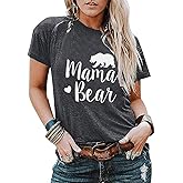 Women Mama Bear Graphic T-Shirt Crew Neck Loose Fit Summer Tops Mom Letter Print Tshirt