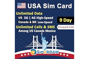 SIM2ROAM USA Prepaid SIM Card| Local Native US Sim |Unlimited 5G/4G Internet Data in USA (Hawaii Included)+Unlimited Low-Speed Data in Canada and Mexico|Unlimited Calls and Texts Among US, CA and MX (9 Days)