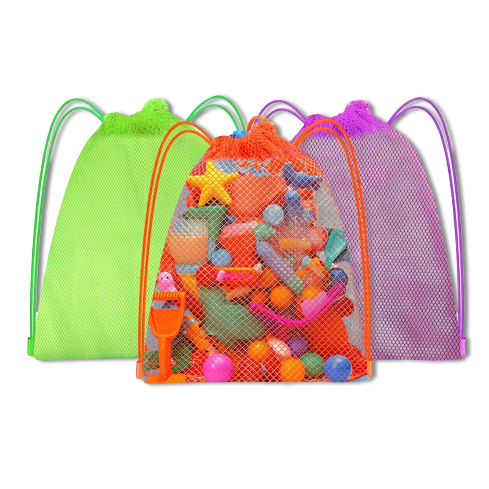 Cosmeria Beach Bag, Pack of 3 Mesh Drawstring Bags for Beach, Sandbox and Outdoor Activities – Lightweight, Durable and Quick Drying