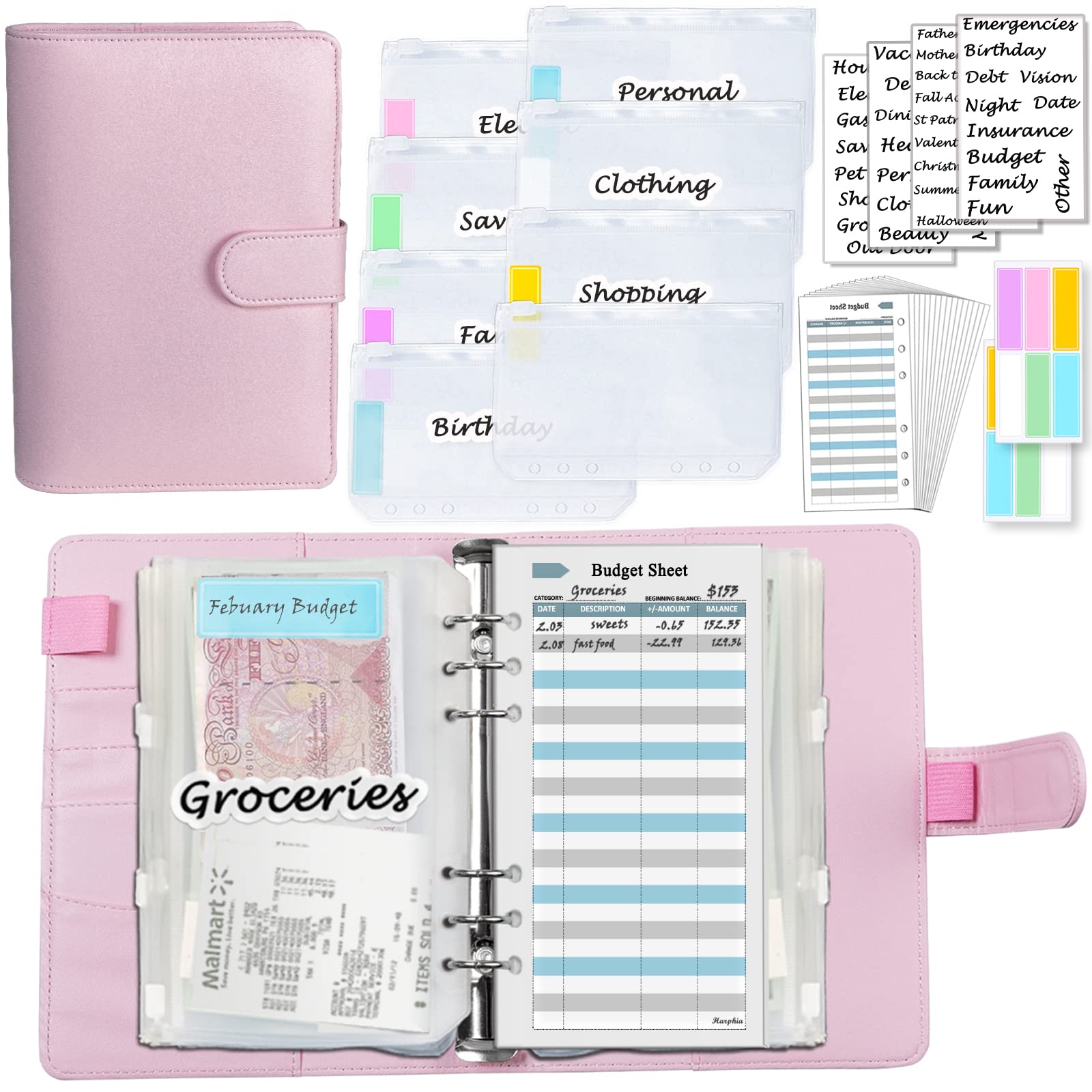 A6 Budget Planner kit, Money Saving Wallet Binder,Silver 6 Ring Binder, with Cash envelopes, Budget Refills, Matched Stickers and Label,7.4x5.71, Harphia, Pink
