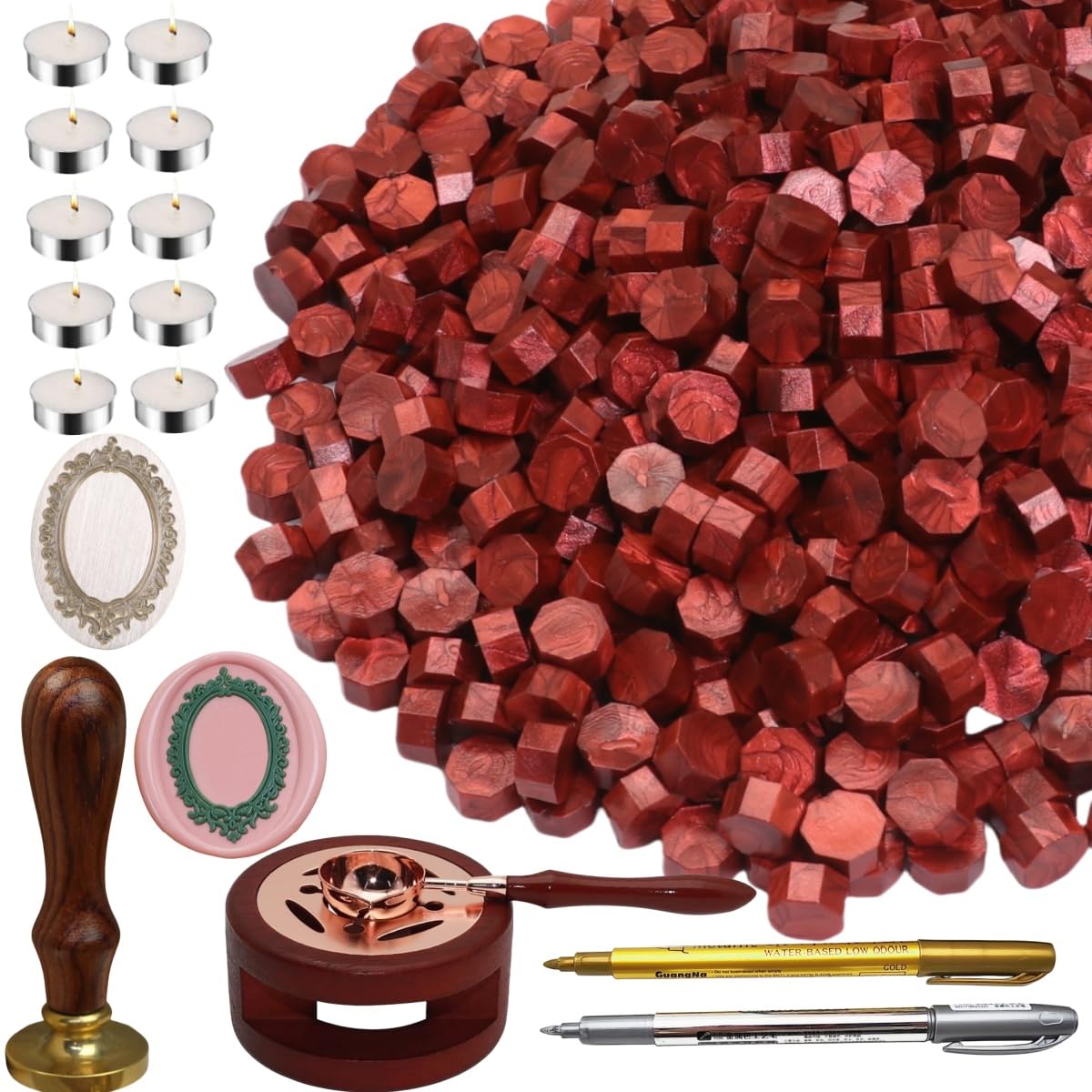 Sealing Wax Beads Kit, Atopbb 300pcs Mixed Red Color Wax Seal Beads, 1pcs Wooden WaxSeal Warmer, 1pcs Melted Spoon and 10pcs Tea Candles for WaxSealing Stamp Kit (300, New Burgundy)