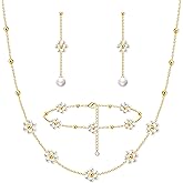 Zeffy Gold Pearl Necklace for Women, Dainty 14K Gold/Silve Plated Layered Pearl Choker Pearl Earrings Pearl Bracelets Wedding Trendy Gold Jewelry Set for Women Gifts