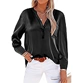 Beyove Satin Blouses for Women Button Down Silky Shirts V Neck Roll Up Long Sleeve Casual Loose Office Work Tops