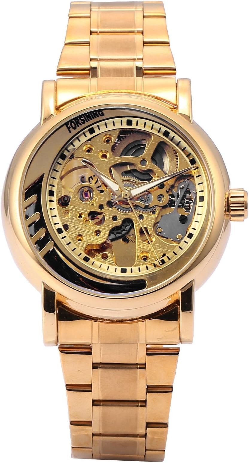 Men's Analog Mechanical Skeleton Gloden Stainless Steel Band Wrist Watch PMW486
