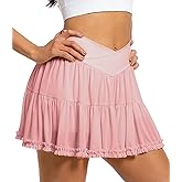 Cresay Women's Ruffle Mini Skirt High Waisted Athletic Skirts Pleated Tulle Skort with Shorts (Pink,Small)