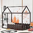 i-POOK Twin House Bed Frame with Fence, Brown Montessori Wood Floor Bed, Bed Size:78.7" L x 41" W x 70.5" H, No Slats