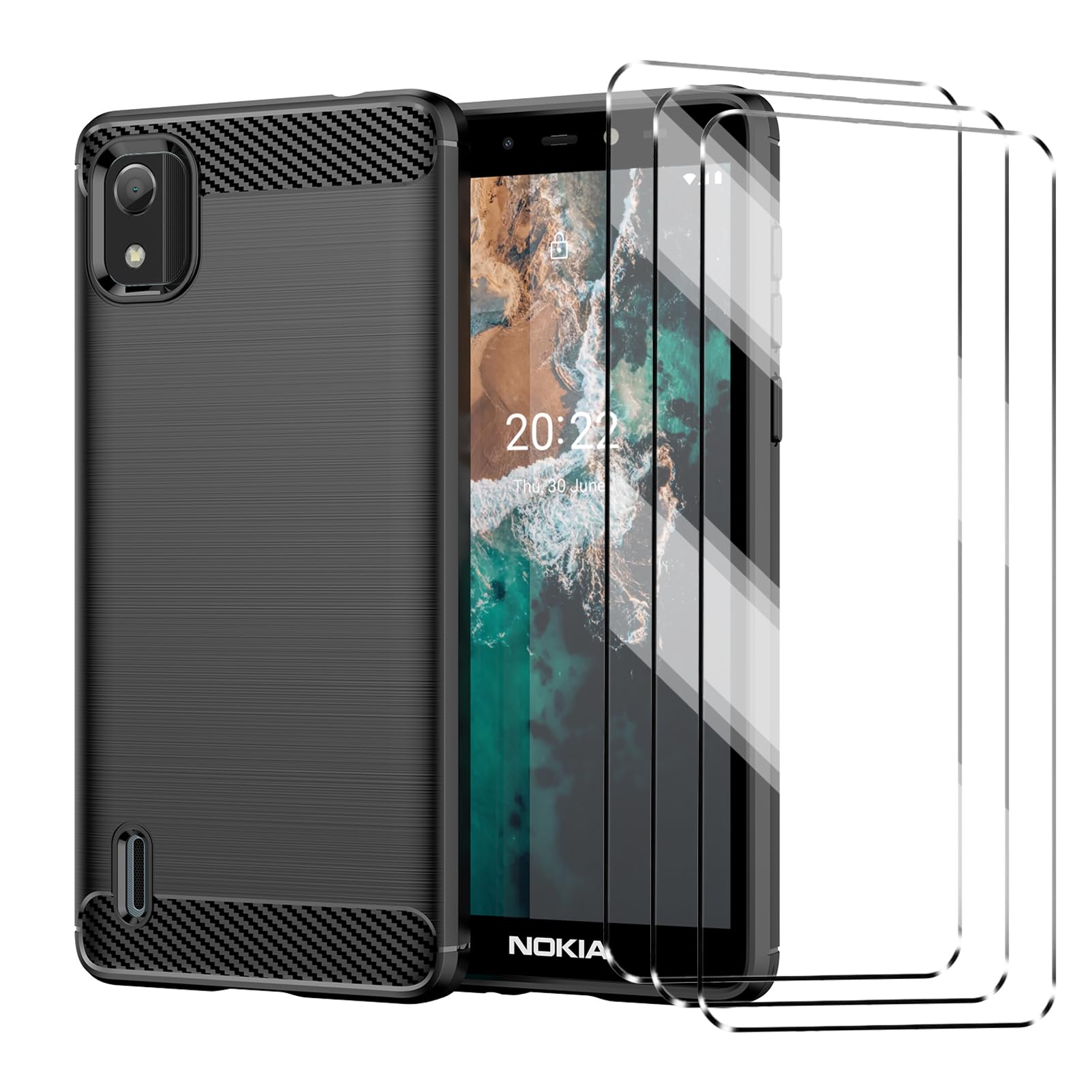 [4 in 1] Case Compatible with Nokia c2 2nd Edition Cover with 3 Pack Tempered Glass Screen Protector for Nokia c2 2nd Edition, Slim Fit Soft TPU Shockproof Anti-Scratch Phone Case Cover - Black