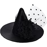 Sucrain Black Witch Hat,Retro Small Witch Hat Flower Hair Clip Headband Decorative Halloween Hair Accessories for Cosplay