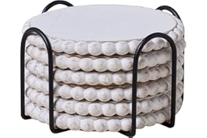 GENMOUS & CO. GENMOUS 6 Pack Farmhouse Wooden Bead Coasters with Metal Holder for Coffee Table Decor, Round Handmade Cup Coasters Set for Drinks Absorbent, Rustic Cute Coaster for Home Kitchen Table Décor