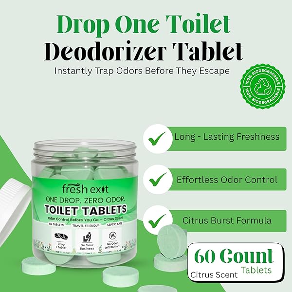 TOILET DEODORIZER TABLETS – DROP ONE IN AND GO – 60 COUNT CITRUS SCENT – ODOR ELIMINATION FOR BATHROOM – REPLACES TOILET SPRAY – LONG LASTING – FRESH BOWL FRESHENER