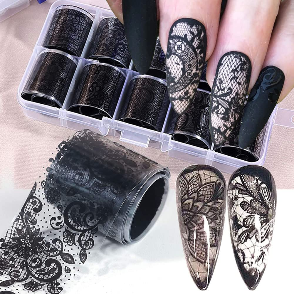 Photo 1 of 10 Rolls Retro Holographic Nail Foil Transfer Stickers Black Lace Laser Foils Nail Art Supplies Starry Paper Designs for Acrylic Decorations Women DIY Nail Arts Manicure Wraps Charms