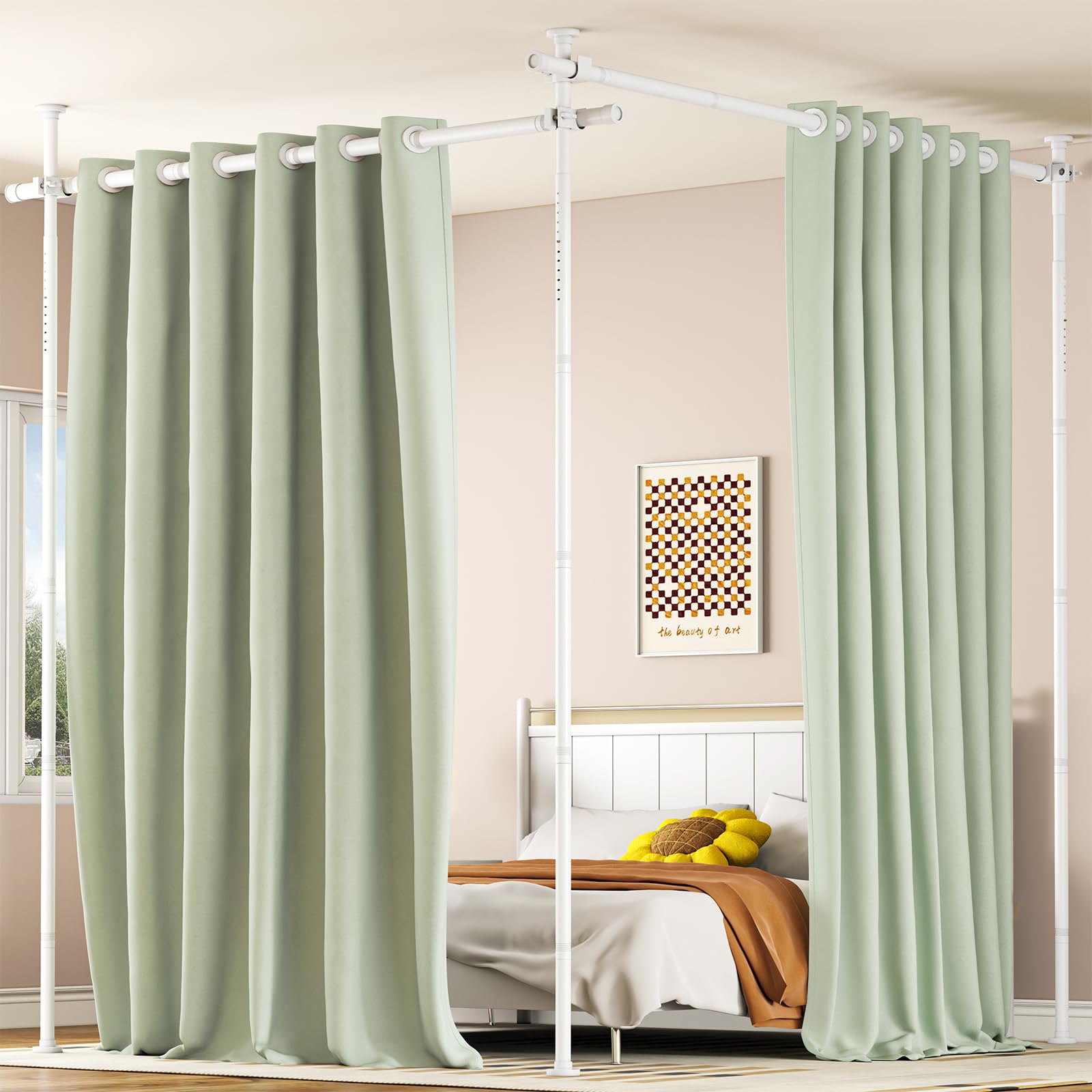 Photo 1 of **reference image  AKTOP Room Divider, No Drilling Curtain Tension Rods Wall Divider for Room Separation, 4-10ft(H) 30-147"(W) Adjustable, Heavy Duty Floor to Ceiling Space Separator Privacy Dividers for Rooms, White