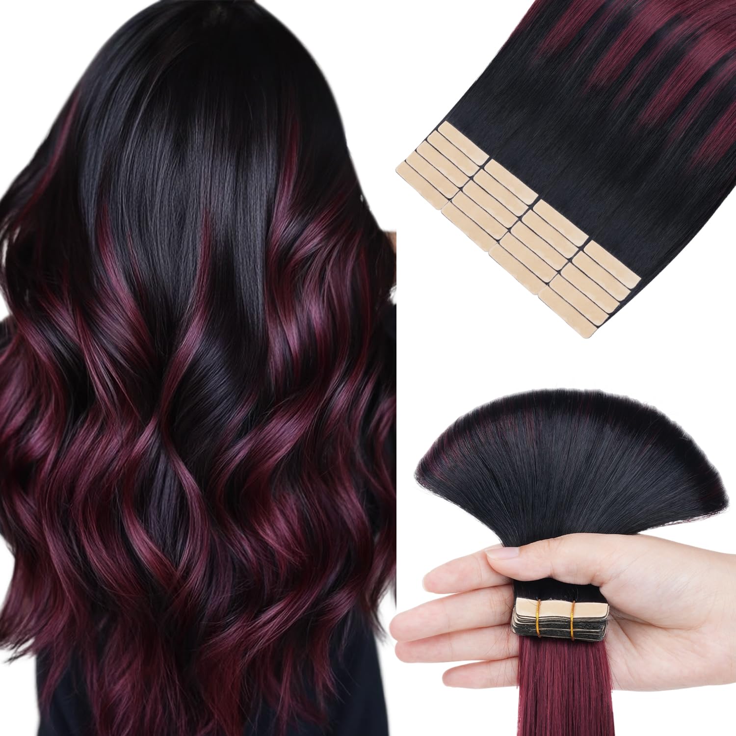 hotbanana Tape in Hair Extensions, 14 Inch Human Hair 20pcs 50g Jet Black to Burgundy Tape Hair Extensions Straight Remy Human Hair Tape in Extensions — image 1