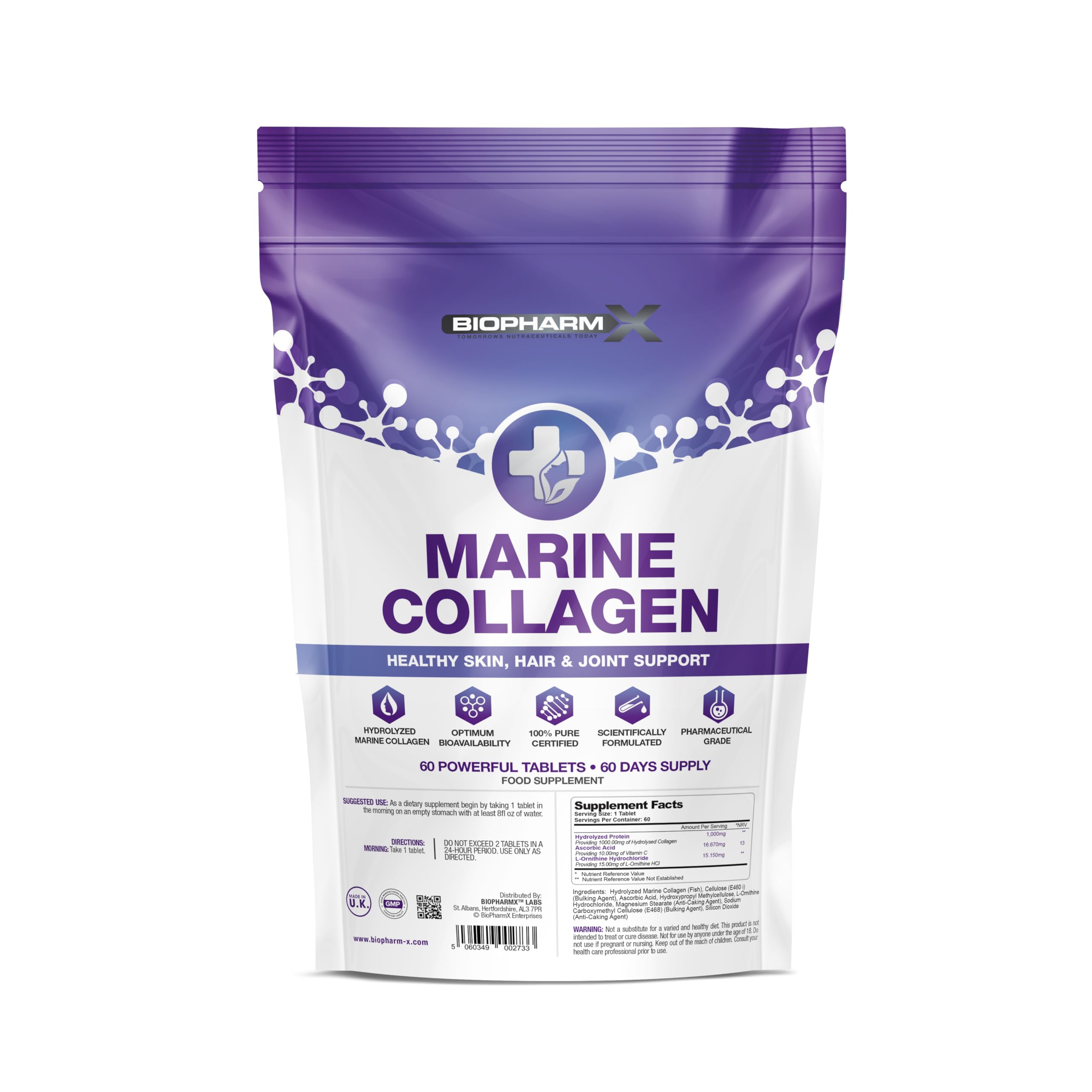 Marine Collagen 1000mg with Vitamin C – High Strength Type 1 Hydrolysed Collagen for Skin, Hair, Nails & Joints – 60 Capsules (2 Month Supply)