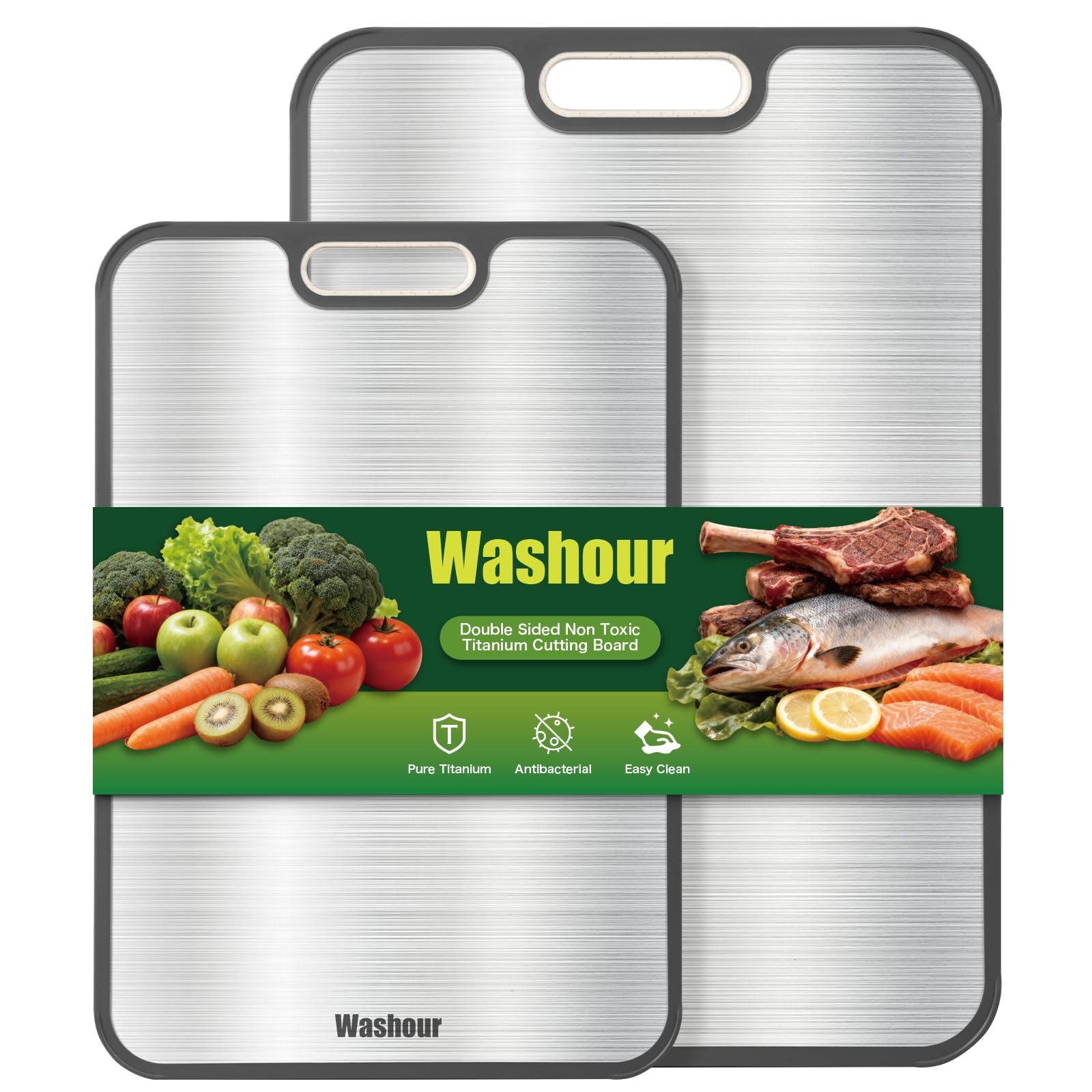 Washour Titanium Cutting Boards for Kitchen, Non Toxic 2-in-1 Cutting Board Double Sided, Food Grade Chopping Boards for Fresh Meat Vegetable, Easy to Clean Large Size (18”×16” + 16”×11”)