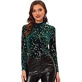 Allegra K Christmas Velvet Blouse for Women's Metallic Star Slim Long Sleeve Top