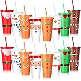 Jingmore Christmas Plastic Cups with Lids and Straw Bulk 24 oz Xmas Disposable Tumblers Christmas Drinking Cups Santa Snowman Elk Thank You Gifts for Xmas Winter Coworkers Holiday Drinks (24 Pcs)