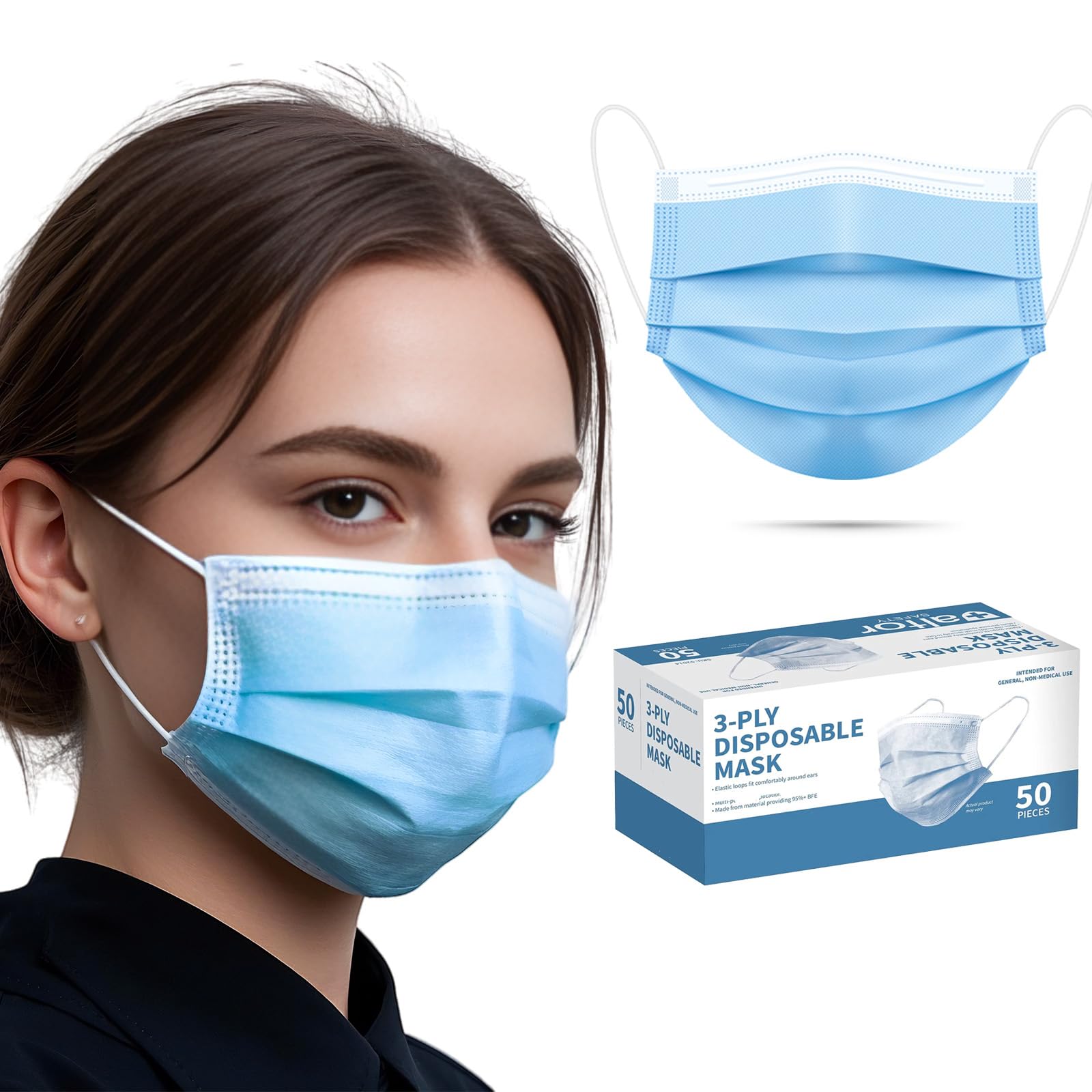 Photo 1 of 50pcs Blue Disposable Face Mask for Adults Women Men, 3-Ply Solid Blue Breathable Earloop Full Face Protection