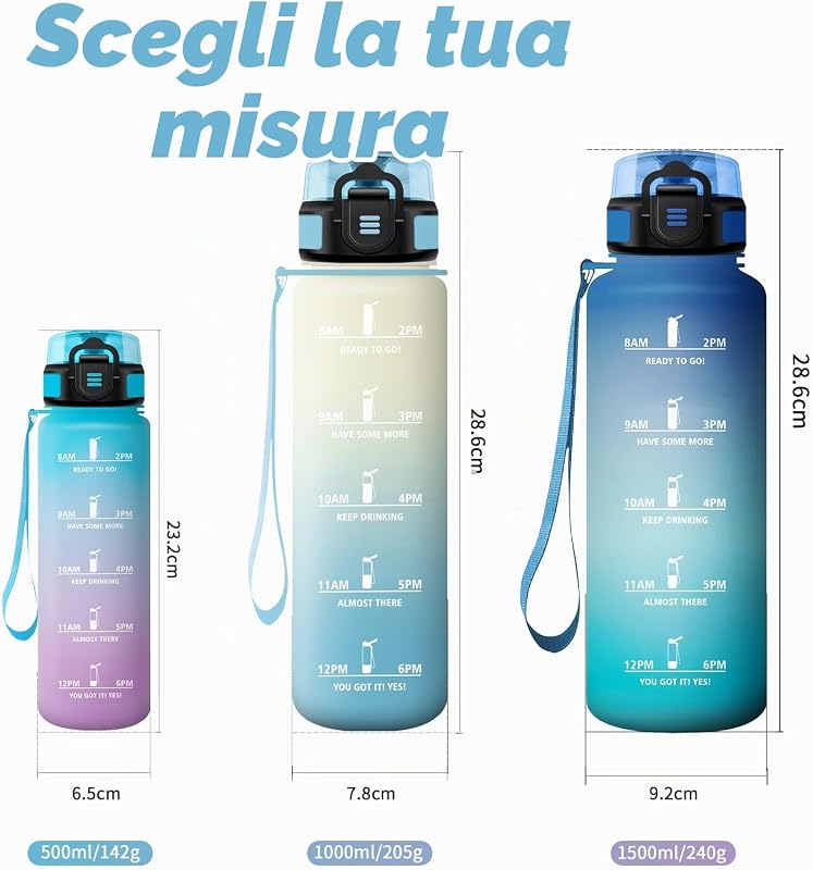 Borraccia 500ml, Borraccia Motivazionale con Filtro, a Prova di Perdite, Bottiglia Acqua Sportiva con Indicatore del Tempo, Campeggio, Viaggio, Corsa, Scuola, Yoga