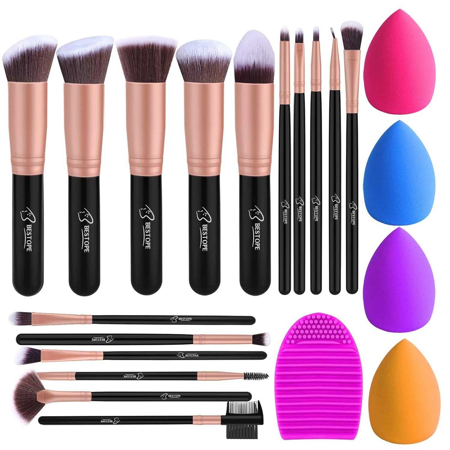 Pinselset Make up Pinsel Set 16 Stück mit 4 Beauty Schwamm und Bürste Wash Ei BESTOPE Pinsel Set Gesichtspinsel Lidschattenpinsel Augenpinsel Synthetische Haar Kosmetik Pinselsets