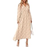 Simplee Womens Boho Floral Long Sleeve Maxi Dress V Neck Empire Waist Fall Wedding Guest Dresses with Pockets