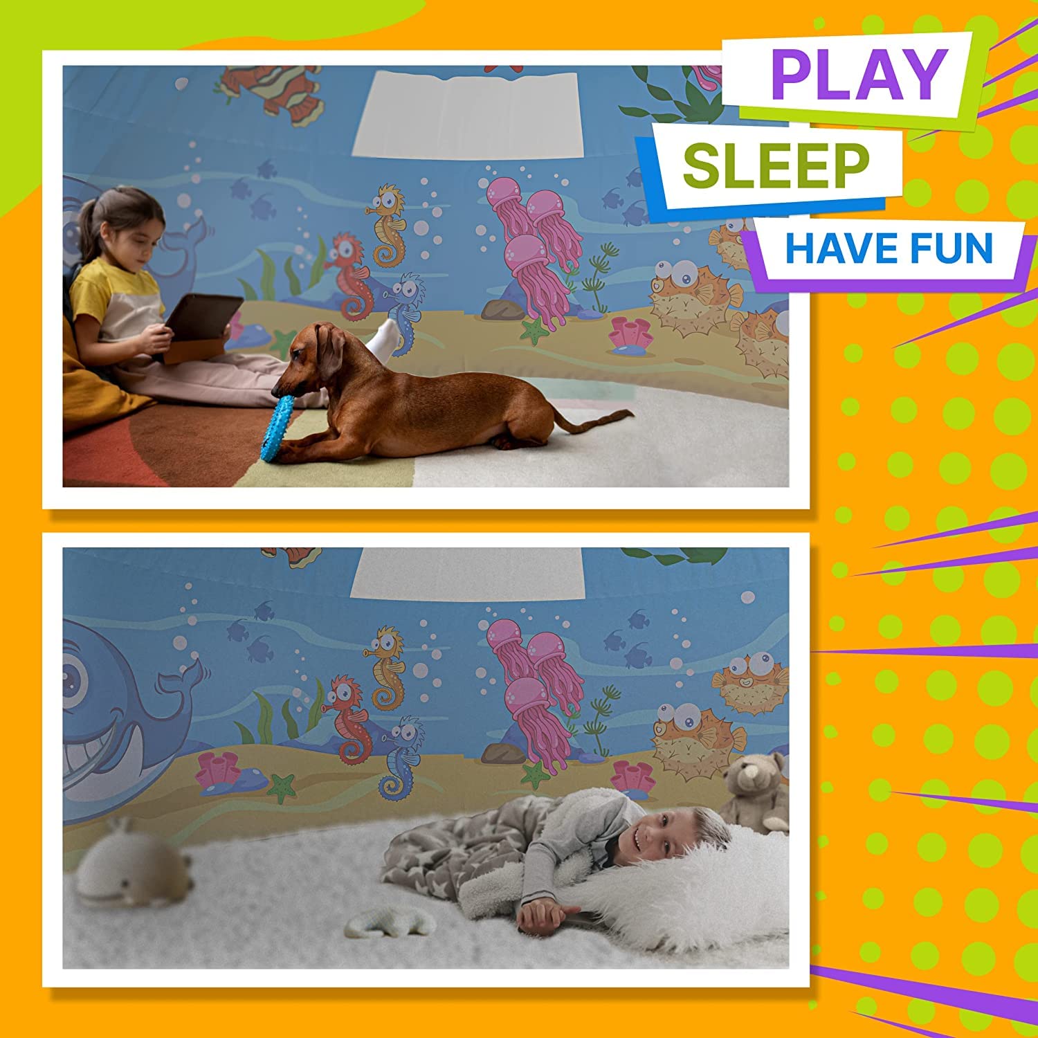 Skywin Inflatable Air Tent for Kids (77” x 50”), Perfect for Social or Solo Imaginative Play, Blow Up Tent, Sets Up and Stores Away in Seconds, Toddler Playhouse (Fan NOT Included) (Sea Explorer)