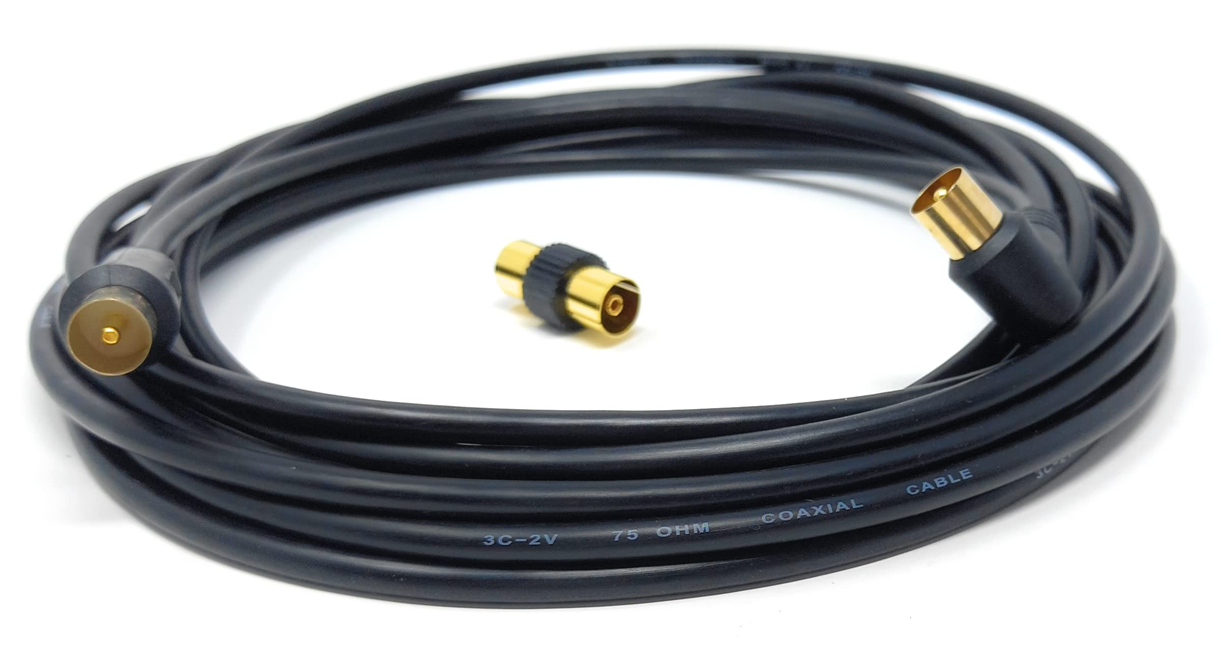 DRUT 5m TV RF Right Angle Male to Male Aerial Antenna Coaxial Cable With Female to Female Coupler Gold Connectors 75 ohm, 3C2V (16.5ft, Black)