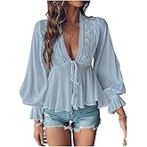 SweatyRocks Women's Lace Long Sleeve Peplum Top Tie Front Blouses V Neck Lantern Shirts