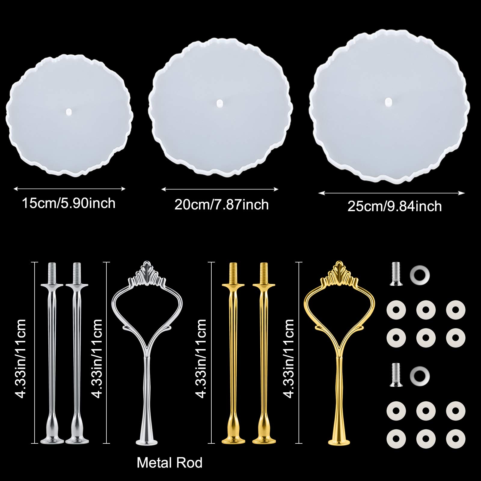 3 Tier Cake Stand Molds for Resin, Silicone Cake Resin Tray Mold, with a Set of Golden Bracket and a Set of Silver Bracket, DIY Epoxy Resin Casting Mold for Making Dessert Platter, Serving Stand