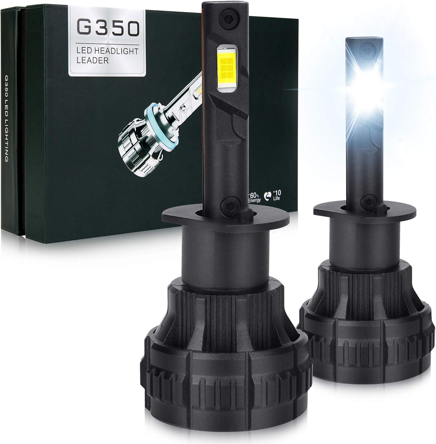 H1 LED Headlight Bulbs, 16000LM 70W 6500K Xenon White Extremely Bright ...