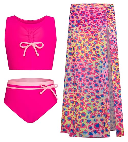 GRACE KARIN Girls Summer Swimsuit 3-Piece Floral Bikini Summer Swimsuits Rose Red 8 Years