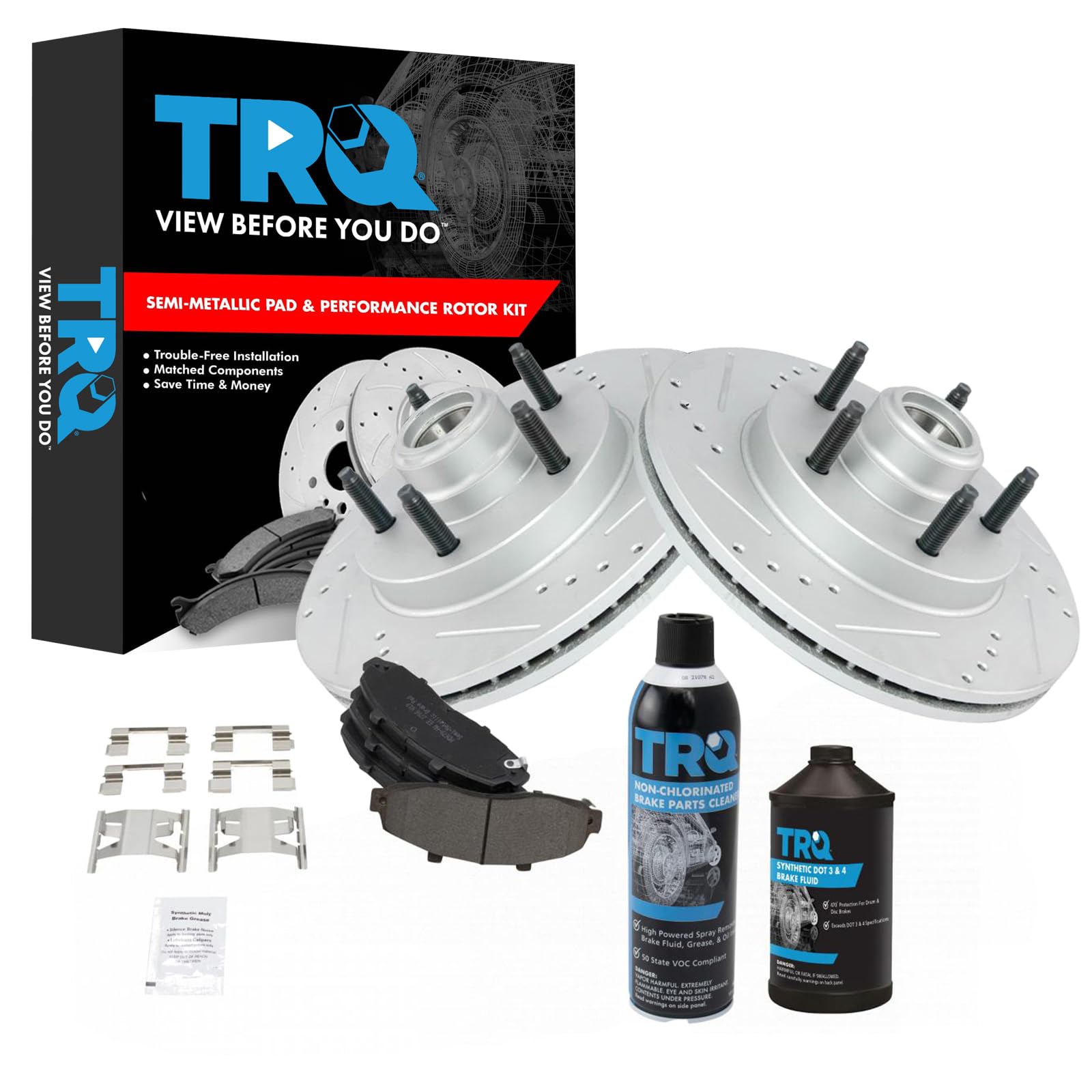 TRQ Front Brake Pad & Rotor Kit Premium G-Coated Semi-Metallic Slotted X Drilled Compatible with 2000-2003 Ford F-150 2004 F-150 Heritage 2002 Lincoln Blackwood Image
