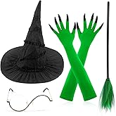 Womens Witch Costume Accessories Black Witch Hat Adult Glasses Green Claw Gloves Halloween Cosplay Party Dress Up Outfits