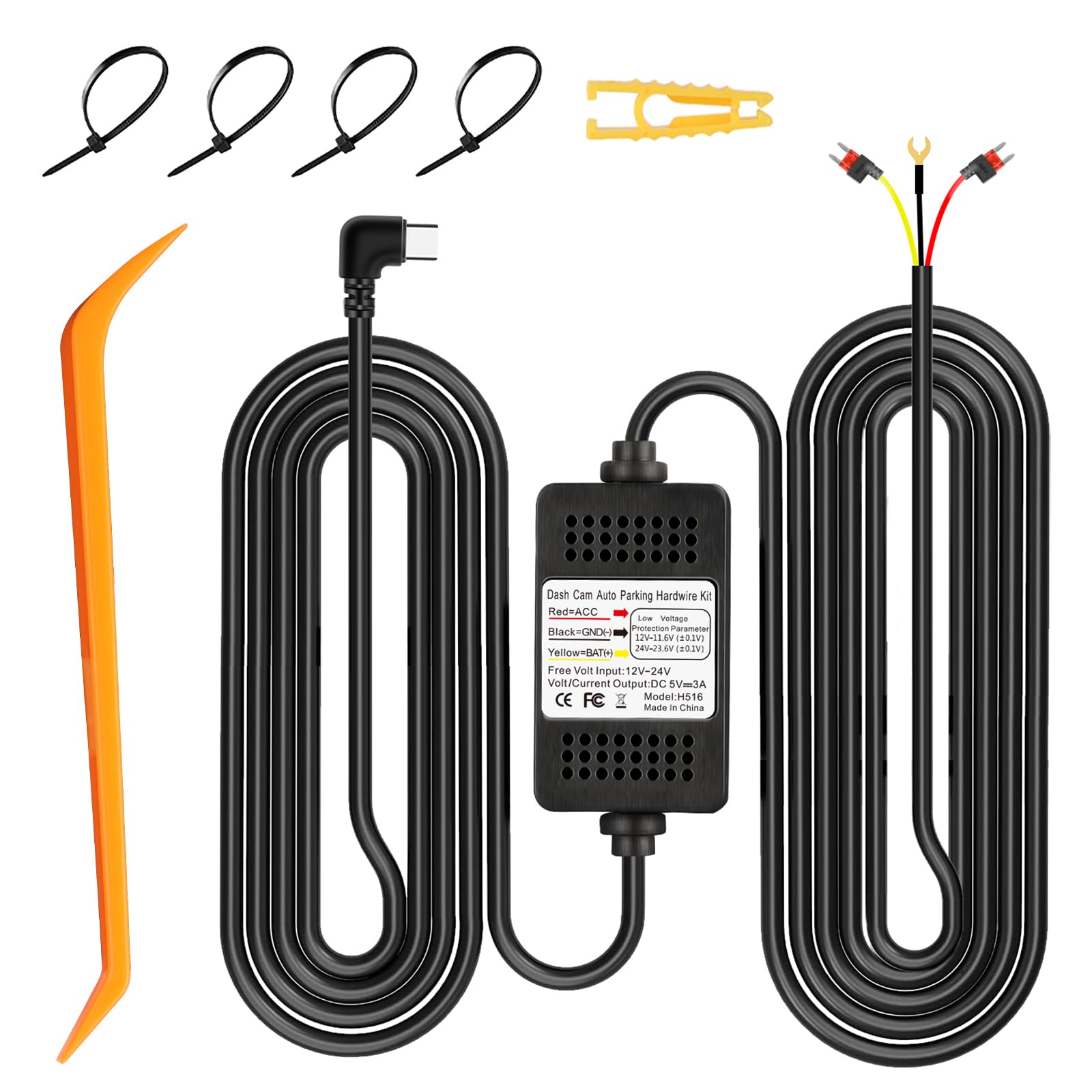 Dash Cam Hardwire Kit USB C,11.48ft Type-C Port Hardwire Kit for Dash Camera,Acc Hard Wire Kit Fuse for Dashcam,12V-24V to 5V Car Camera Charger Power Cord with Parking Mode,Low Voltage Protection