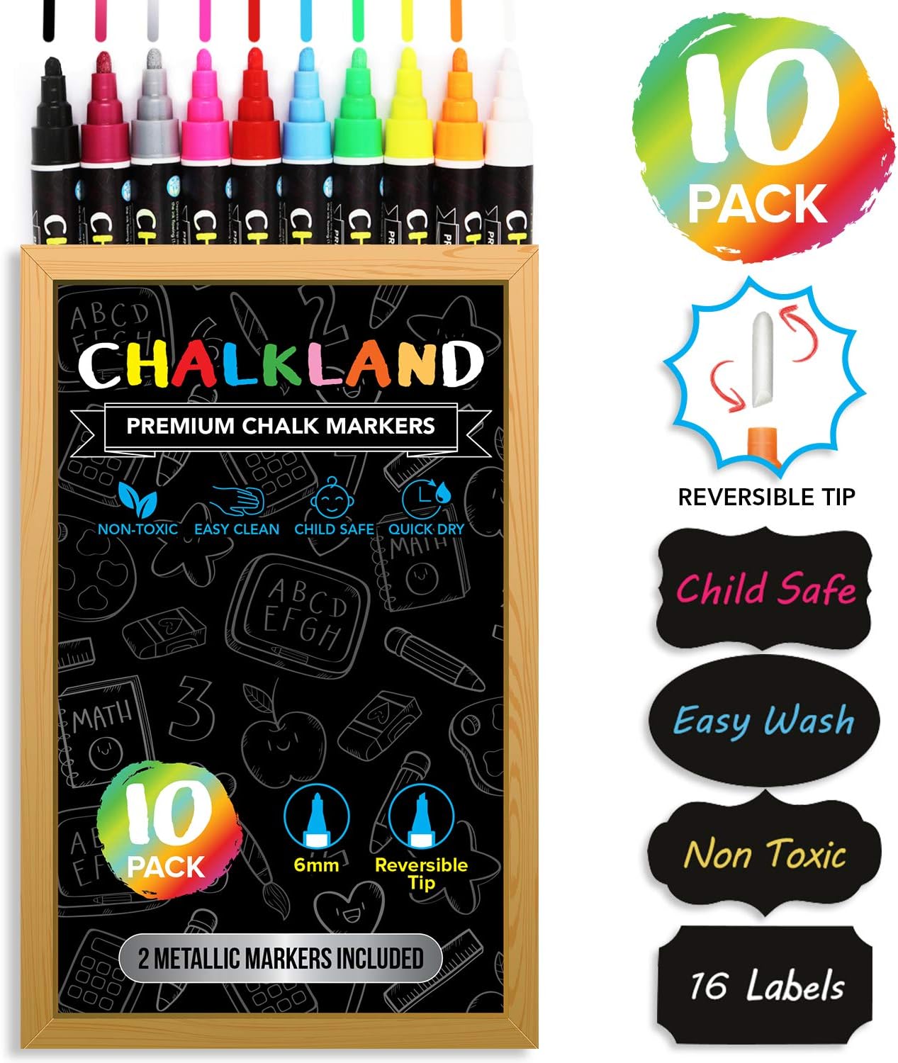CHALKLAND Set of 10 Vibrant + Metallic Blackboard Markers - Liquid Chalk Markers for Chalkboard Signs - Non-Toxic Easy to Clean Chalkboard Pens - Car Window Markers - Chalk Marker - Chalk Pen : Office Products