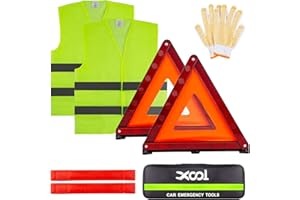 XOOL Emergency Warning Triangle Kit – Roadside Safety Kit with Reflective Warning Triangles, High-Visibility Safety Vests, Storage Bag & Gloves for Car Breakdowns & Emergencies