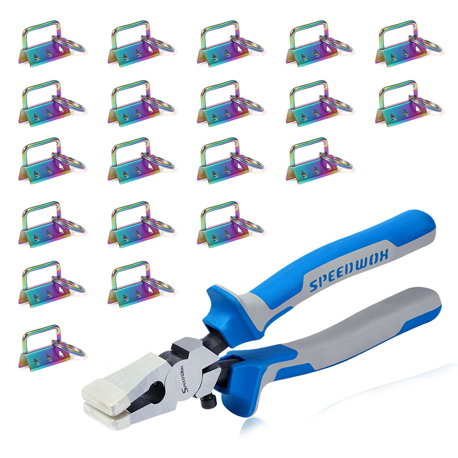 SPEEDWOX 20Pcs 1.25" Rainbow Key Fob Hardware with Key Fob Pliers Set, 8" Glass Breaking Pliers with Rubber Tips, Flat Jaws, Hardware with Key Ring for Wristlet Keychain Hardware