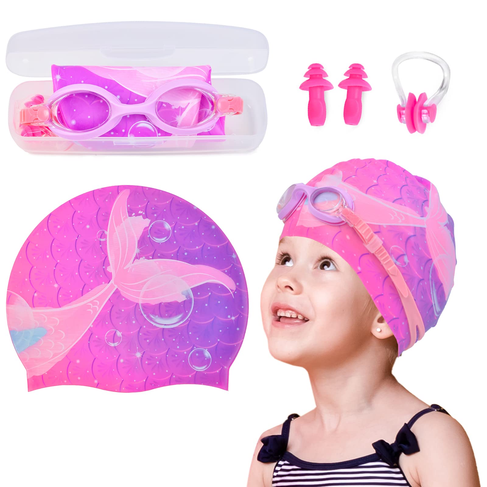 Photo 1 of AuSletie Kids Swim Caps for Girls, Silicone Waterproof Swimming Cap for Kids, Durable Comfortable Swimming Caps for Girls