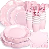 192 Pcs Pink Paper Plates And Napkins Set Party Supplies - For 24 Guests Paper Plates And Napkins Knives Spoons Forks Cups - For Baby Shower Bridal Shower Wedding