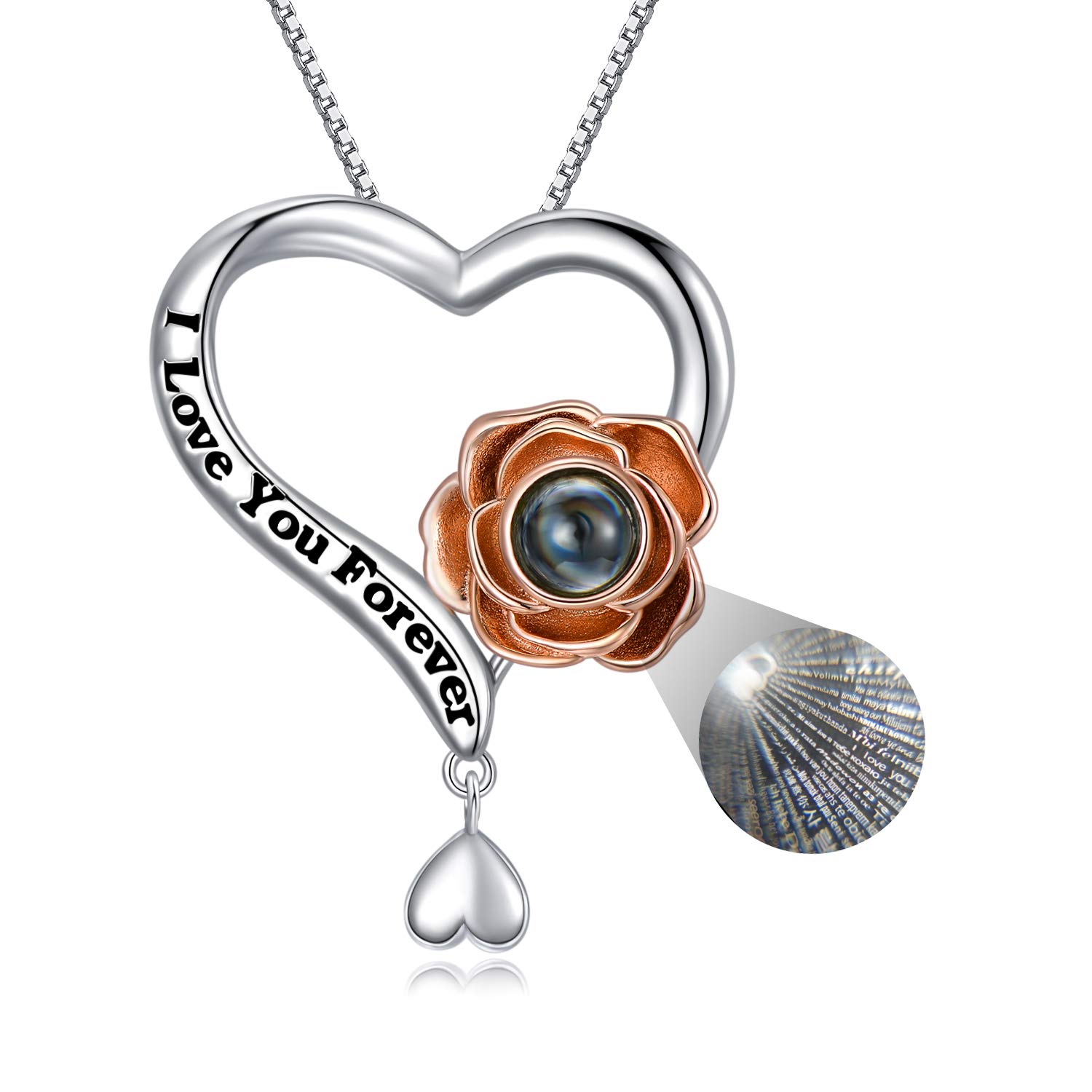 LONAGO 925 Sterling Silver I Love You Necklace 100 Languages Projection Rose Flower Pendant Necklace Jewelry for Women