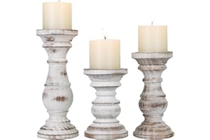CEDARLUX Candle Holder for Pillar Candle Set of 3, Farmhouse Wood Candle Holder, Rustic Wooden Candle Stand, Decorative Wood Candlestick Holders for Living Room, Table Centerpiece (Antique White)